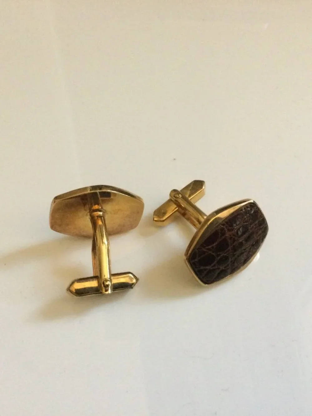 Vintage 70s Brown Inlay Leather-like Gold Plated Cufflinks